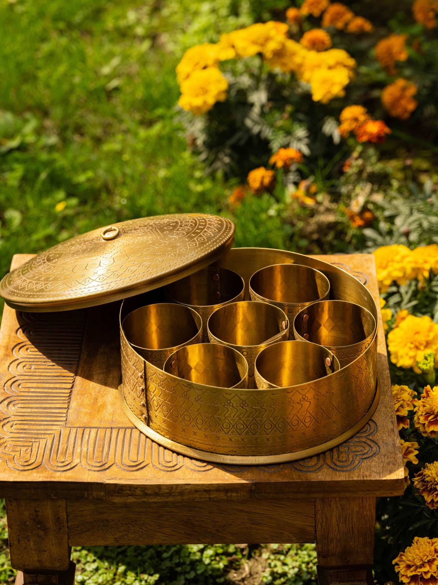 Sunhera Saar - Golden brass masala box