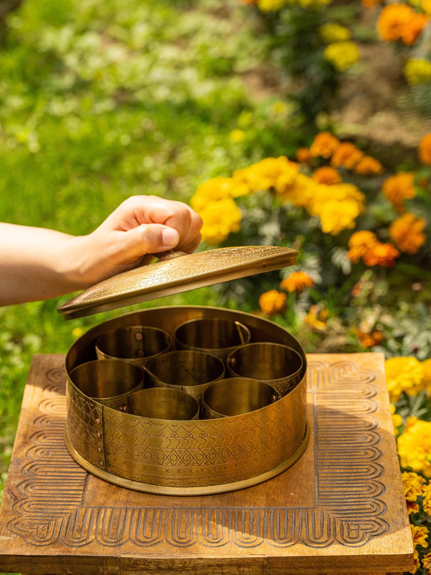 Sunhera Saar - Golden brass masala box