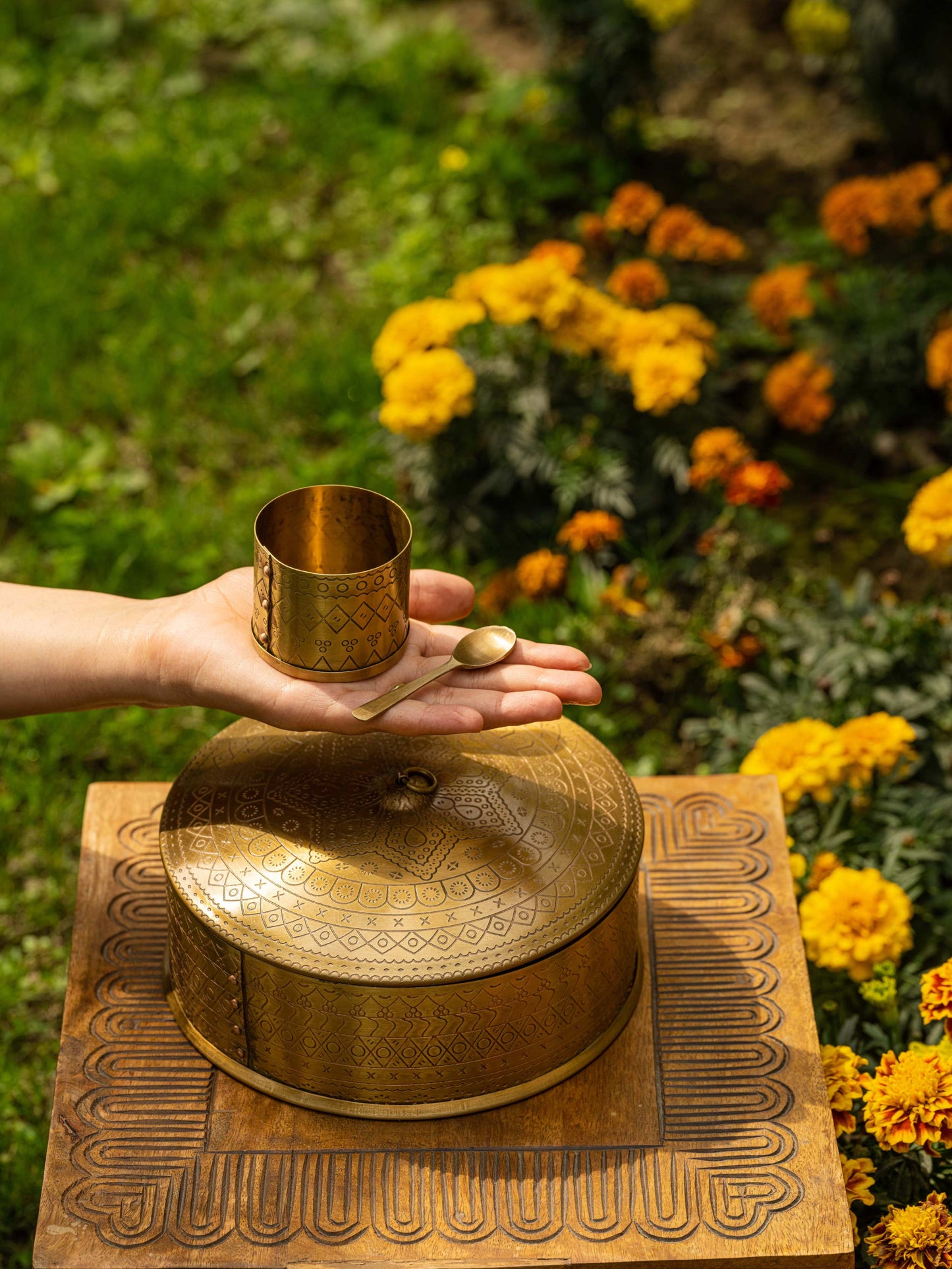 Sunhera Saar - Golden brass masala box