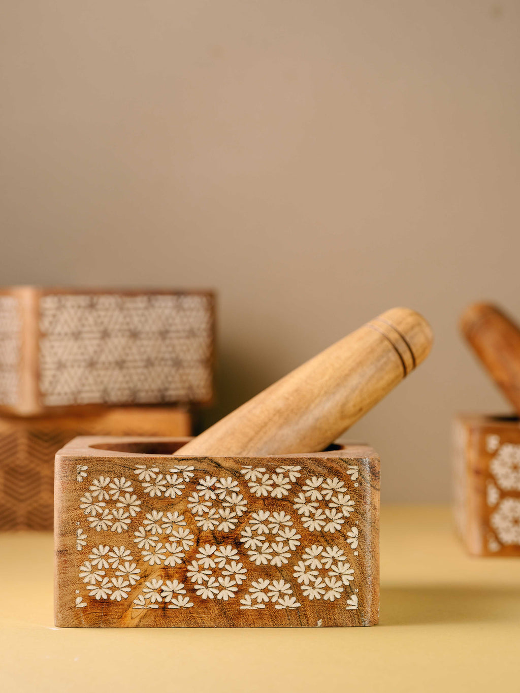 Phulkari Okhli - Engraved wooden mortar pestle set | Flower design