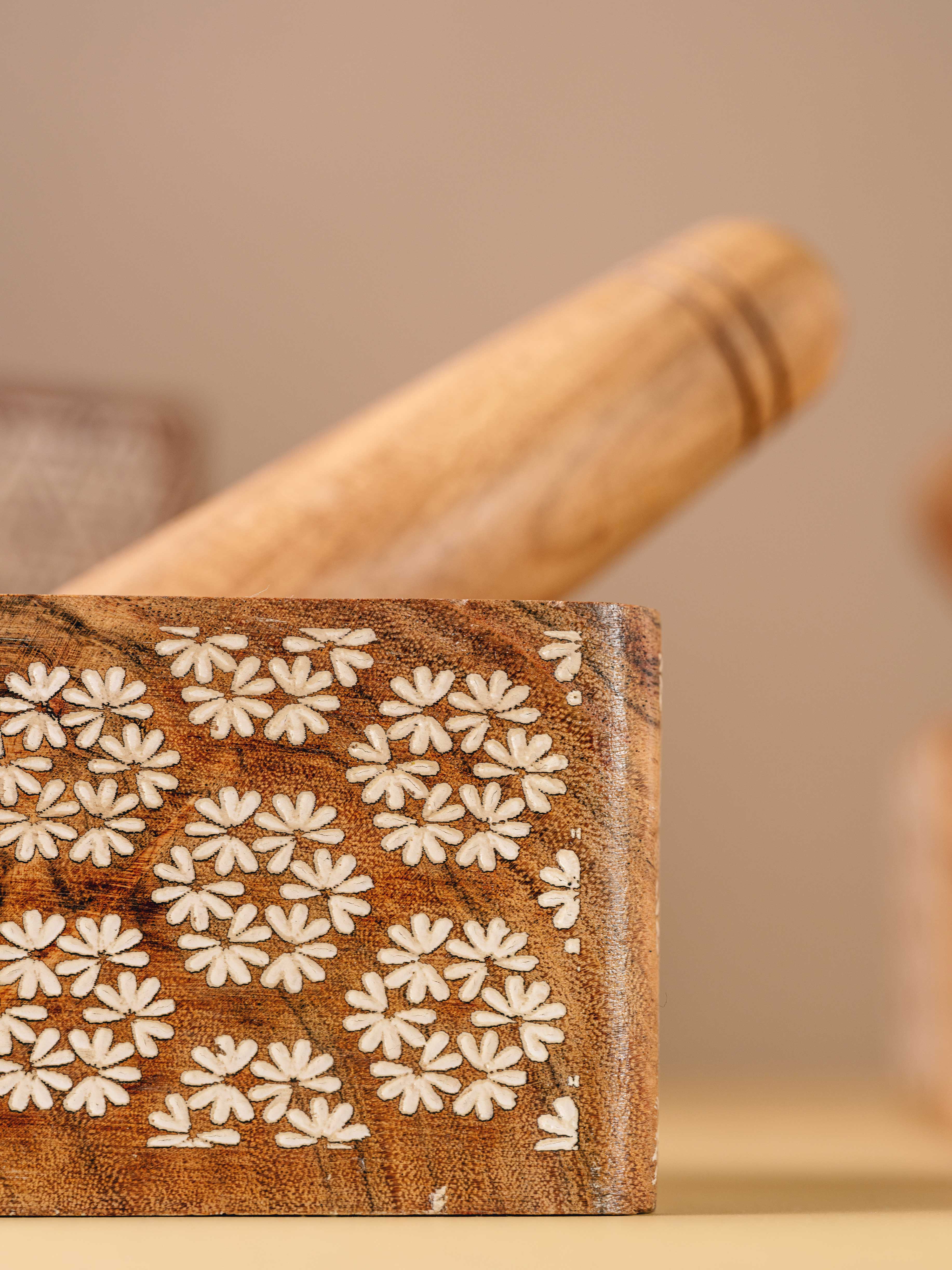 Phulkari Okhli - Engraved wooden mortar pestle set | Flower design