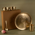 Gul - Set of 5 brass dinner set with palm tree motif (plate, bowls, spoon, glass)