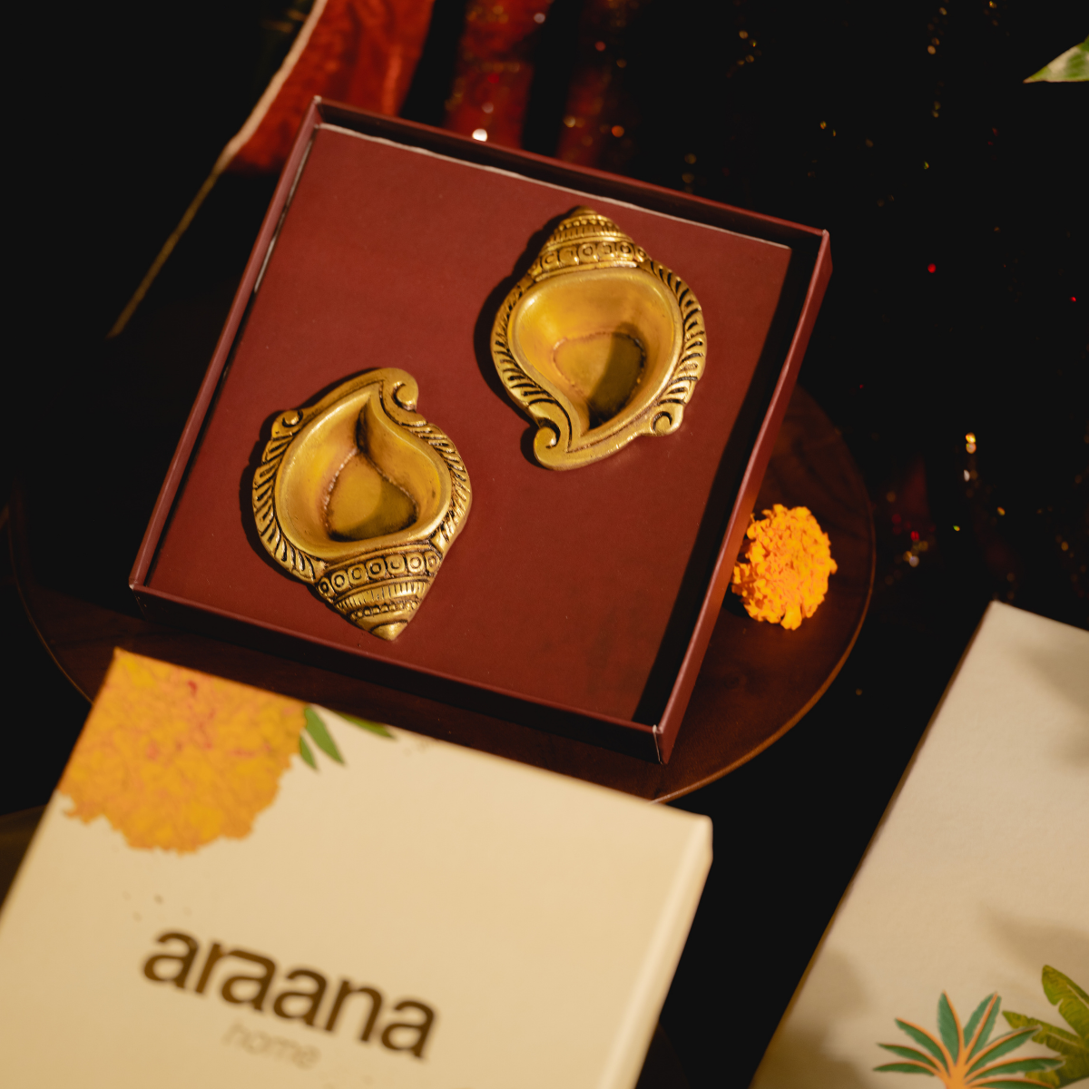 Ananta Diya- Set of 2 leaf shaped brass diya